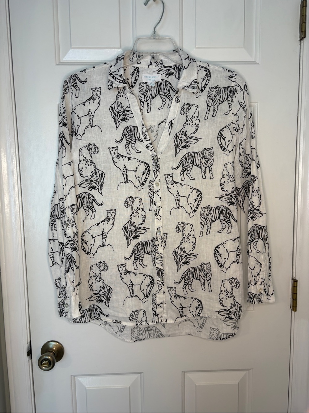 Cynthia Rowley White Linen Shirt with Black Animal Print